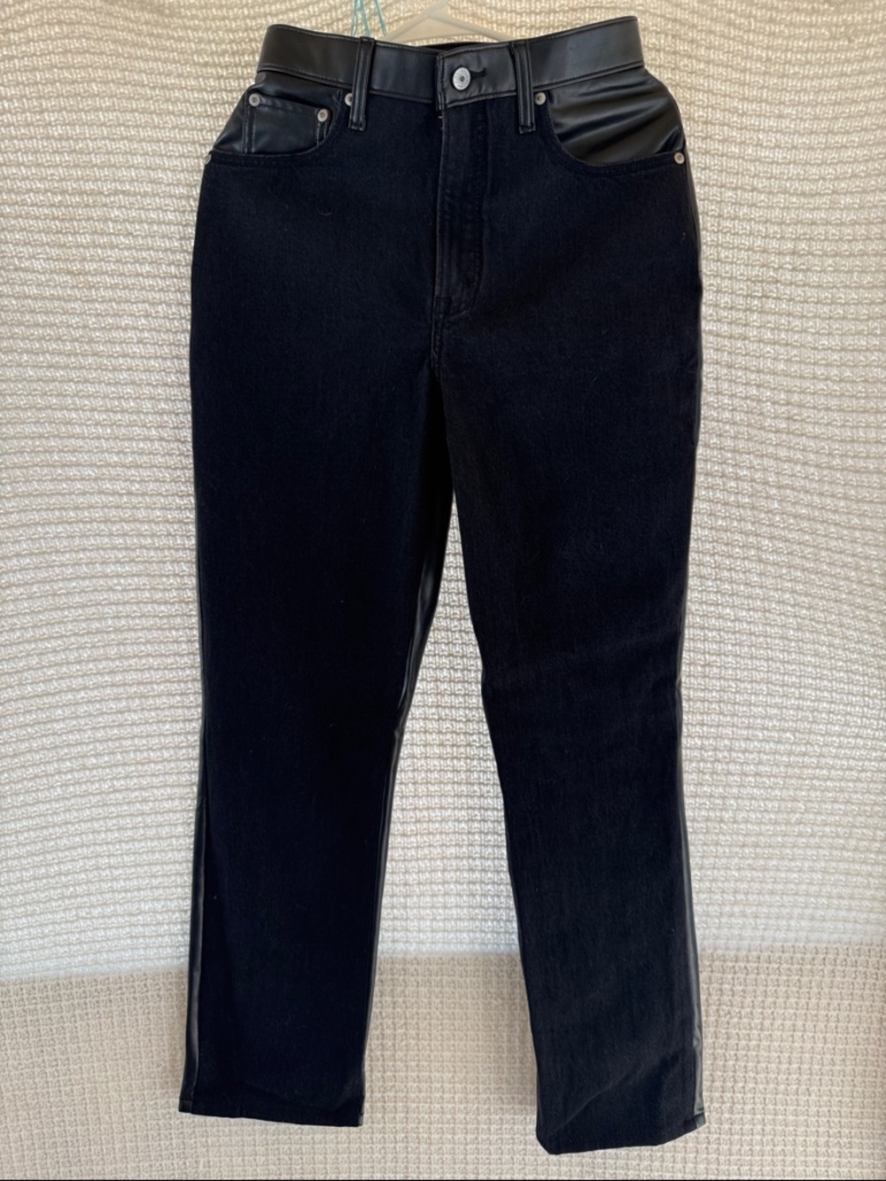 Abercrombie & Fitch Black High-Rise Straight Jeans with Faux Leather Trim